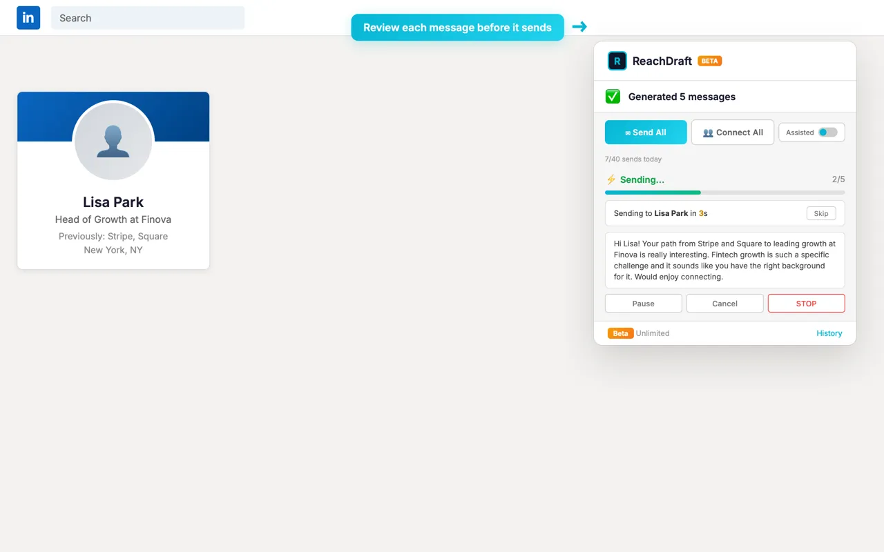 The ReachDraft panel showing five generated messages sending one at a time, with pause, cancel and stop controls.