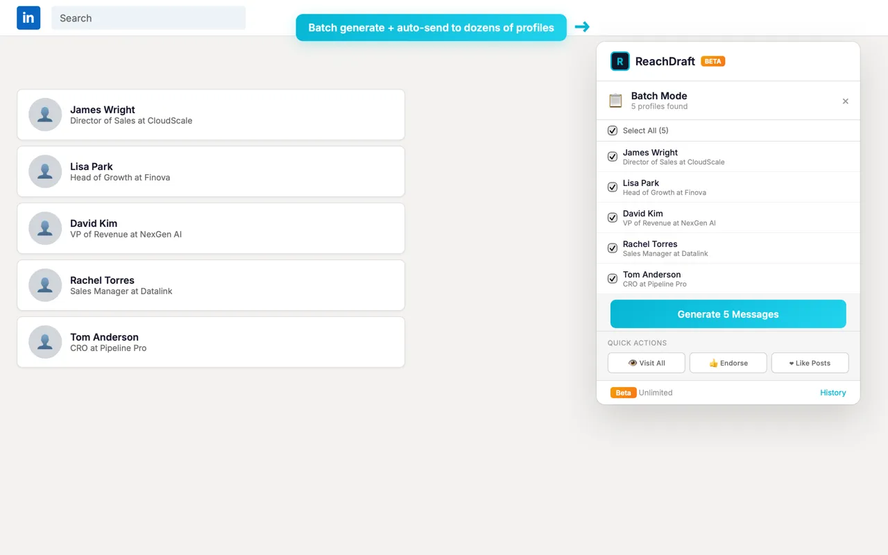 A LinkedIn search results page with the ReachDraft panel listing five detected profiles selected for batch generation.