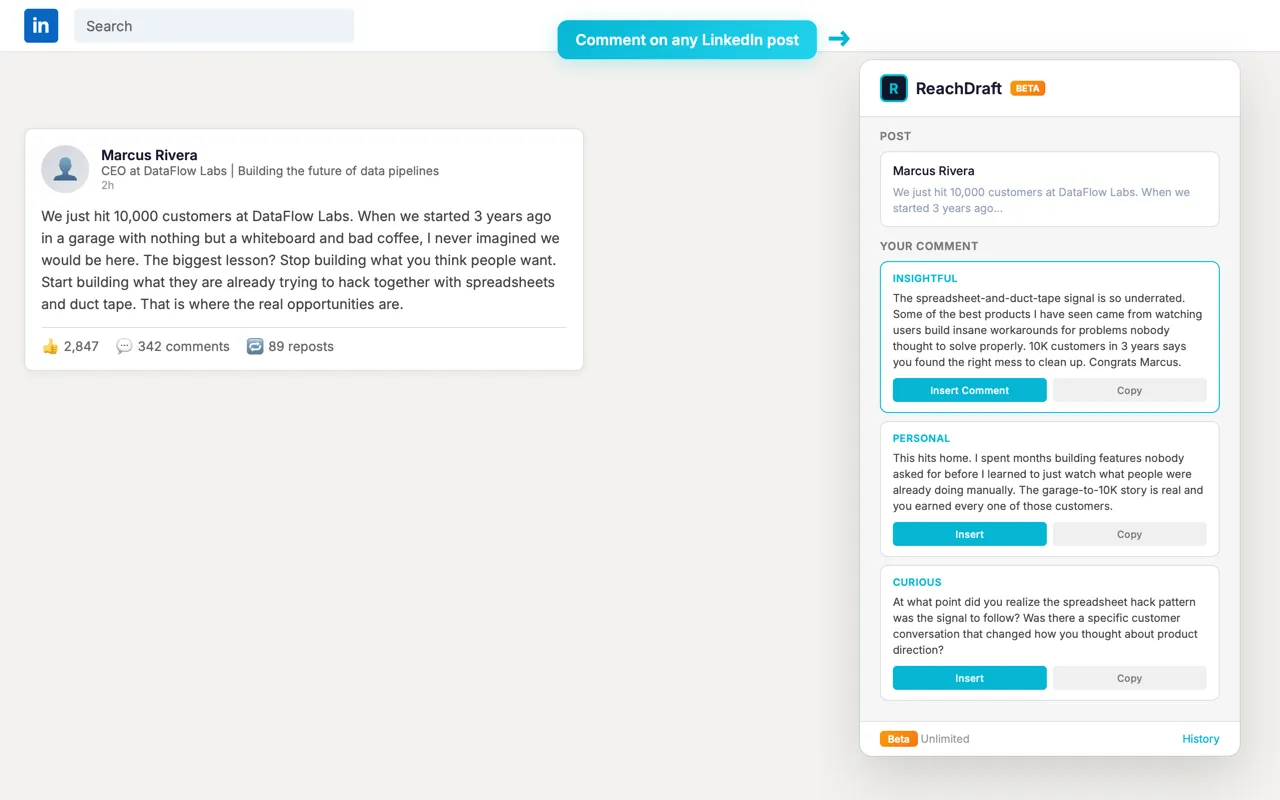 A LinkedIn post with the ReachDraft panel showing three suggested comment styles, insightful, personal and curious, each with Insert and Copy buttons.