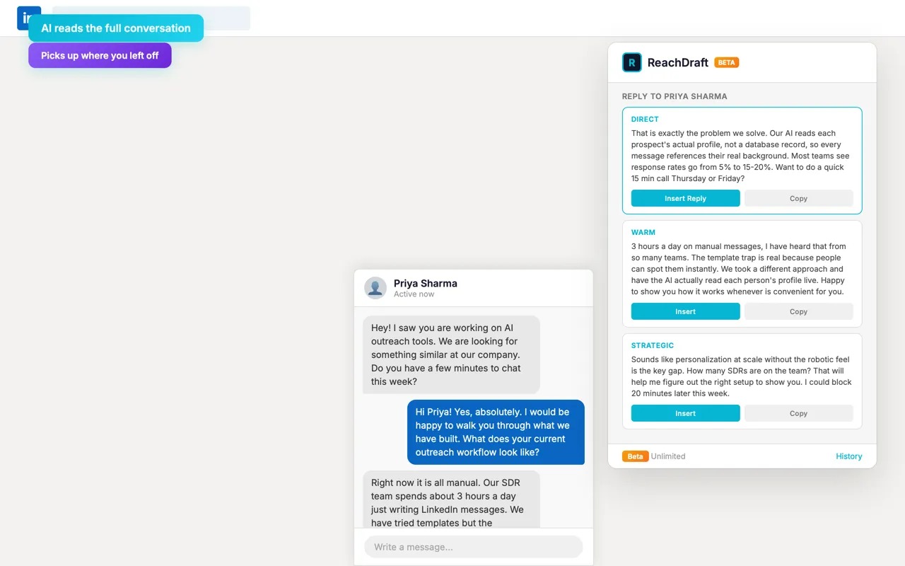 A LinkedIn conversation open with the ReachDraft panel offering direct, warm, and strategic reply options, each with Insert and Copy buttons.