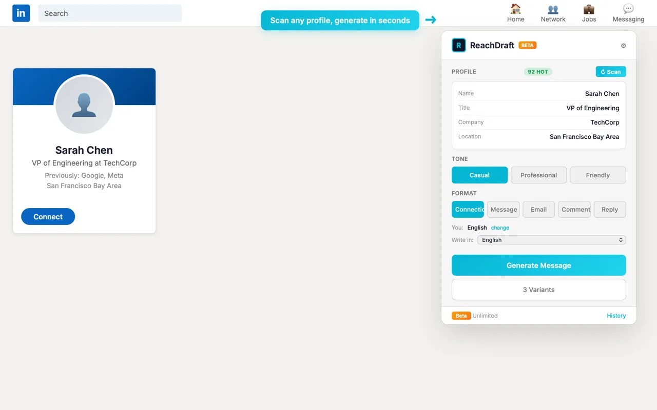 The ReachDraft panel open beside a LinkedIn profile, showing the scanned name, title, company and location, with tone and format controls and a Generate Message button.